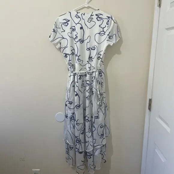 Hutch Printed Rosa Artsy Wrap Short Sleeve Tiered Midi Dress Faces White Size XS - Picture 10 of 11